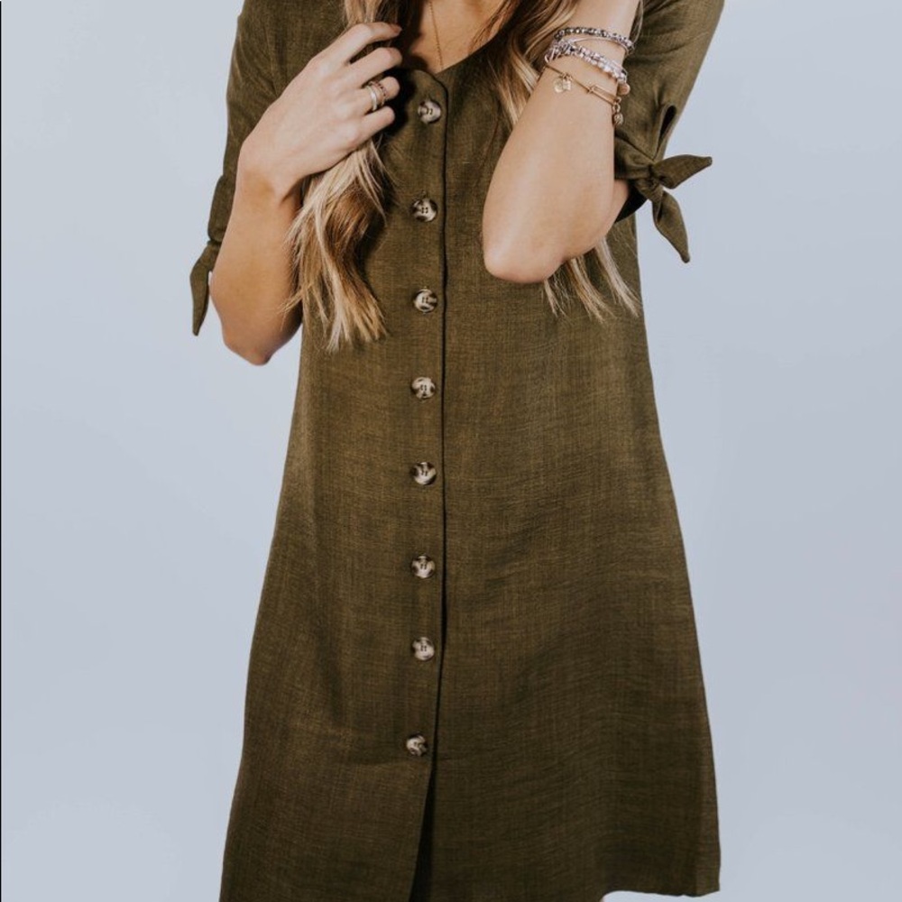 NWT ROOLEE Palmer olive green button dress